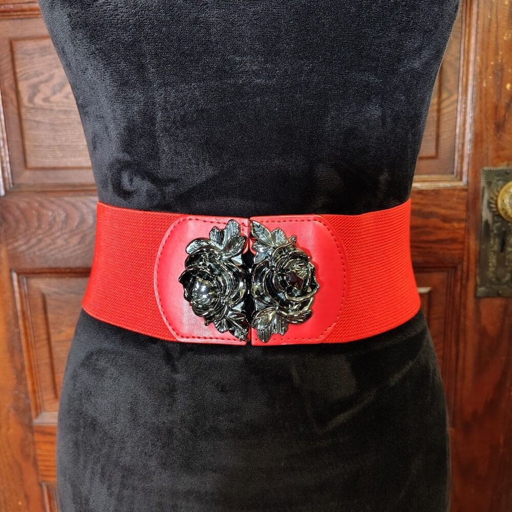 Red Gothic Wide Elastic Stretch Waist Belt Dark Metallic Double Rose...